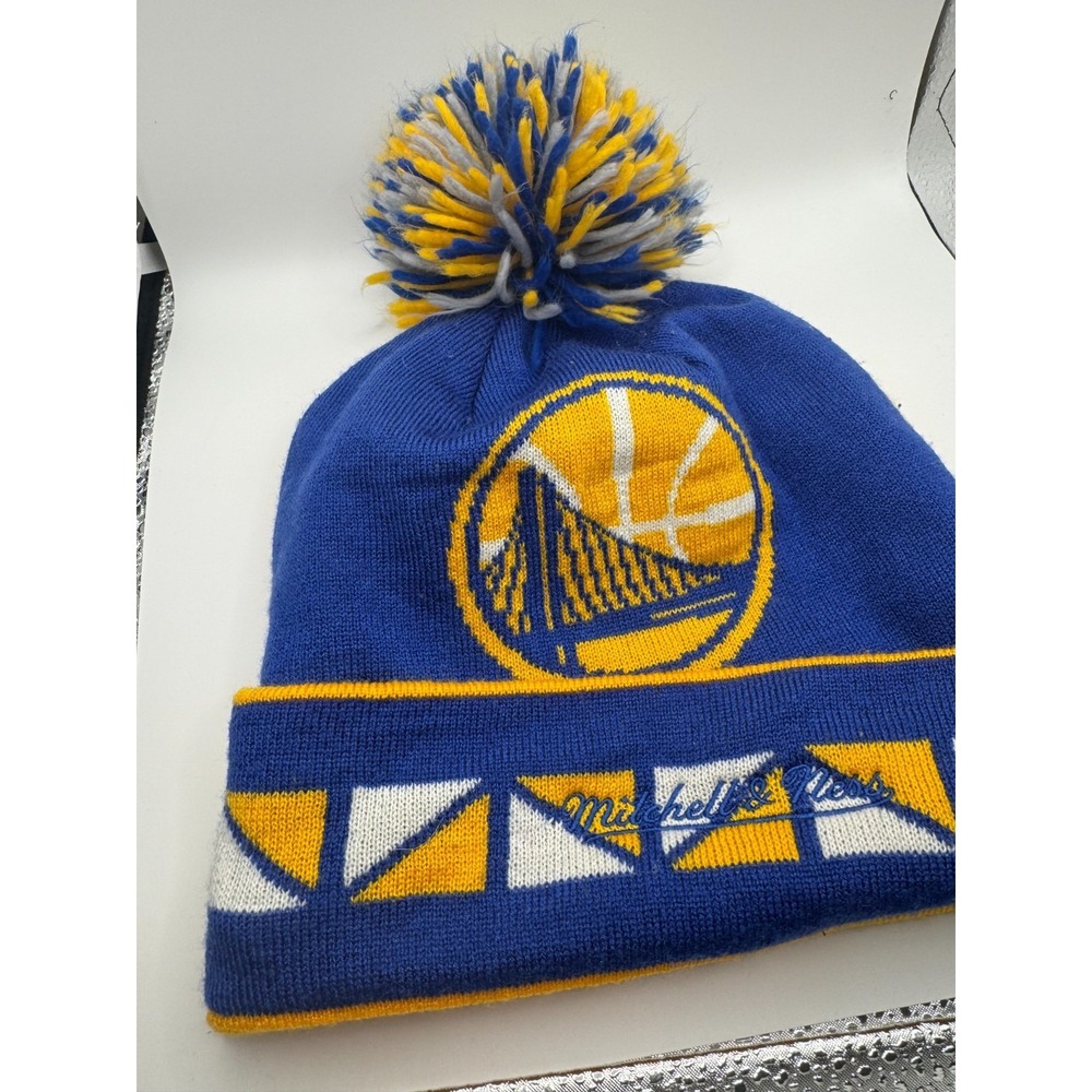 VTG‎ Mitchell & Ness Golden State Warriors Beanie Cap Unisex Blue Yellow Pom Pom - Picture 2 of 8
